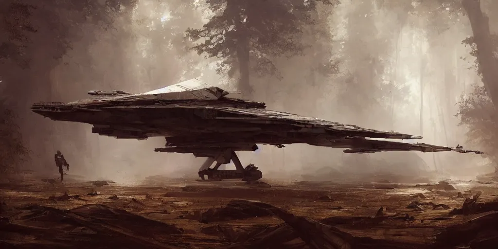 Image similar to a painting of a cinematic keyframe of star wars a destroyed x - wing fighter in dagobah's forest, heavy atmosphere and smoke by greg rutkowski, rule of thirds, golden ratio, ambient lighting, wlop, artgerm, artstation, highly detailed masterpiece, dark fantasy art, high detail, trending on artstation