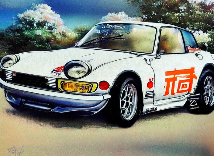 Image similar to beautiful yoshitaka amano art of a datsun fairlady roadster detailed painting