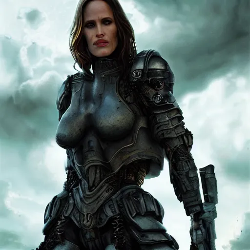 Image similar to jennifer garner portrait, dystopia core, apocalyptic, armor, warrior, dramatic, sharp focus, fiction, neon, fantasy, hyper detailed, digital art, trending in artstation, cinematic lighting, studio quality, smooth render, unreal engine 5 rendered, octane rendered, art style and nixeu and wlop and krenz cushart