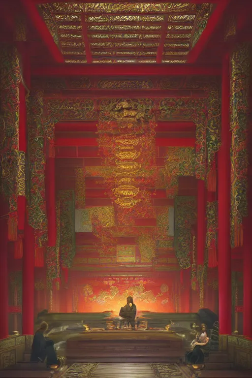 Image similar to inside a luxurious chinese temple, portrait, powerfull, intricate, elegant, volumetric lighting, scenery, digital painting, highly detailed, artstation, sharp focus, illustration, concept art, ruan jia, steve mccurry