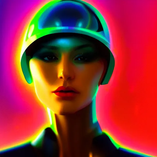 Image similar to portrait of a beautiful cyberpunk woman wearing a black leather jacket and a holographic visor. cyborg, sci - fi, stylish, colourful, digital painting, artstation, mood lighting, neon, vivid colour, sharp focus, reflections, film grain, depth of field