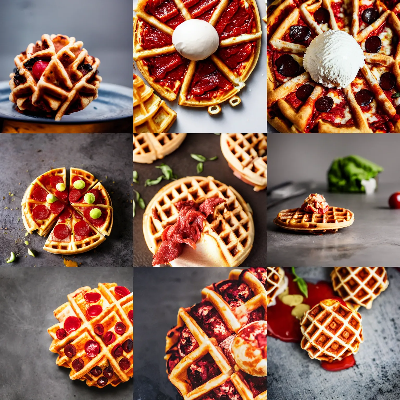 Prompt: a spherical pizza on a waffle cone, professional food photography