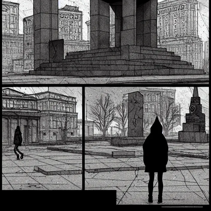 Image similar to storyboard : sadie sink in hoodie sits on bench in ruined square, pedestrians walk by, soviet monument and propaganda posters. scifi cyberpunk. by gabriel hardman. cinematic atmosphere, detailed and intricate, perfect anatomy