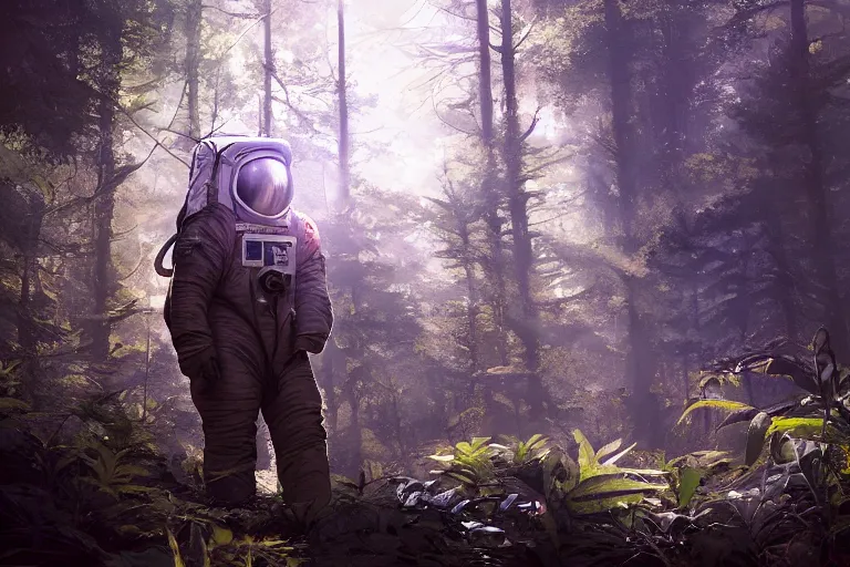 Image similar to american astronaut in the forest, plants environment, wide angle, cinematic lighting, atmospheric, realistic, octane render, highly detailed, in the style of craig mullins