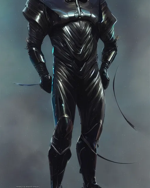 Image similar to iridescent wiry muscular male smooth sleek glossy black pearlescent scifi armor, by greg rutkowski and mark brookes and jim burns and tom bagshaw and magali villeneuve, trending on artstation