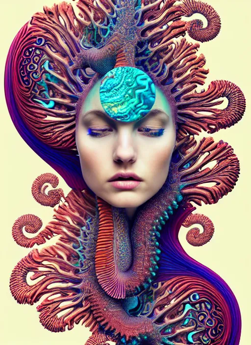 Prompt: ridiculously beautiful young womans face in full color, layers of intricate swirling dimensions, coral, sea horses, symmetrical, in the style of ernst haeckel, effervescent, sacred geometry, surrealism, photo realistic, epic and cinematic, 3 d, clear, sharp,