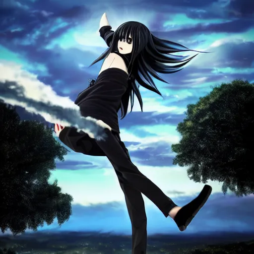 Prompt: 1 7 - year - old pale - skinned anime girl with black long bob cut, long bangs, black gothic jacket, black jeans, flying through sky, jumping through clouds, late evening, blue hour, cirrus clouds, pearly sky, ultra - realistic, sharp details, subsurface scattering, blue sunshine, intricate details, hd anime, 2 0 1 9 anime