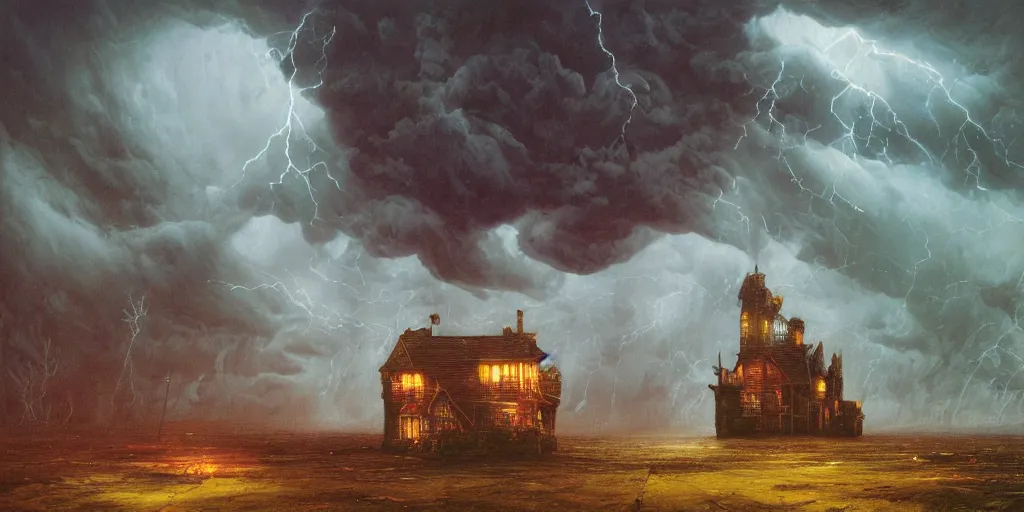 Prompt: The spectral building in the middle of a storm, with lightning flashing and wind blowing, by Roberto Aizenberg, Michael Kaluta, Zdzisław Beksiński, Dan Mumford and Thomas Kinkade