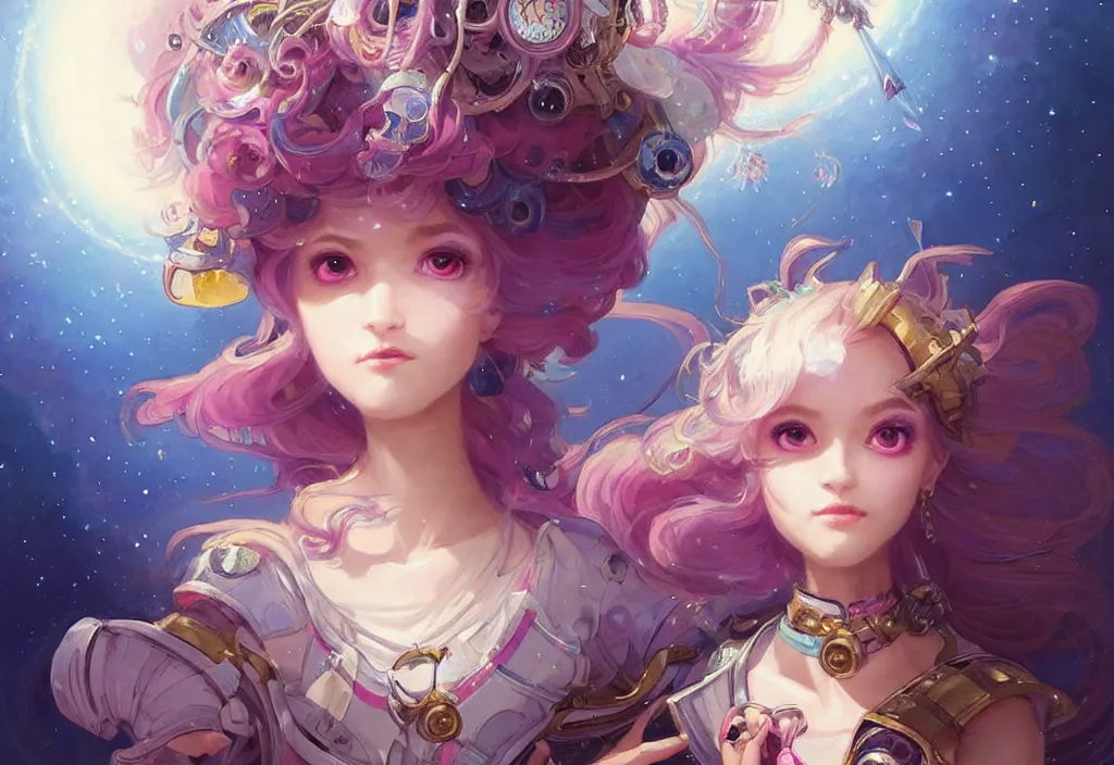 Image similar to close up picture of an maximalist dress magical girl, neat hair with bangs, smug face, extremely beautiful and aesthetic and detailed cute face and eyes, wipe out evils with cute astronaut familiar sprites, aming the magical beams to the camera, chiaroscuro, intricate, masterpiece, epic fantasy illustrations by peter mohrbacher and anato finnstark and jeremy lipking