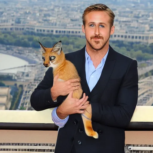 Image similar to Ryan Gosling holds a caracal cat in his hands against the backdrop of the Eiffel Tower