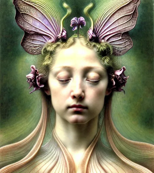 Image similar to beautiful young orchid fairy detailed realistic porcelain face portrait by jean delville, gustave dore, iris van herpen and marco mazzoni, art forms of nature by ernst haeckel, art nouveau, symbolist, visionary, gothic, neo - gothic, pre - raphaelite, fractal lace, intricate alien botanical biodiversity, surreality, hyperdetailed ultrasharp octane render