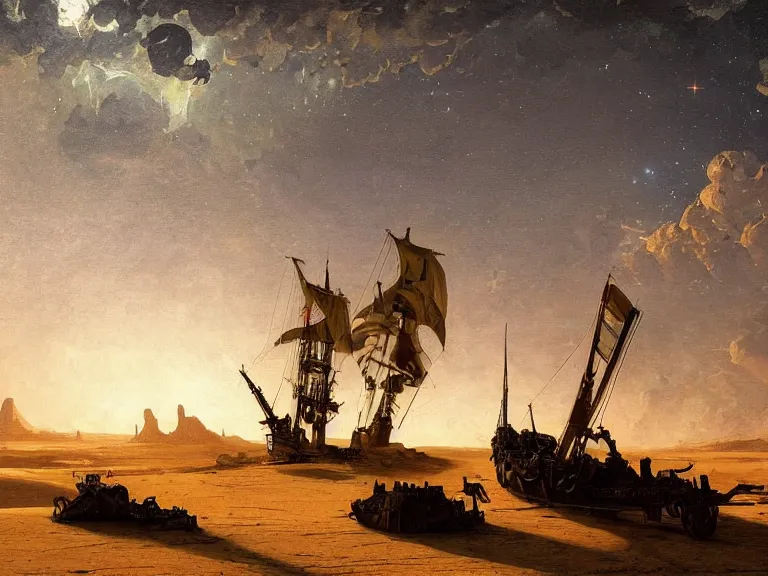 Image similar to an oil painting of an ancient dieselpunk ship in the middle of an alien desert at dusk, aurora and stars light up the sky by carl spitzweg and tuomas korpi. baroque elements, full-length view. baroque element. intricate artwork by caravaggio. Trending on artstation. 8k