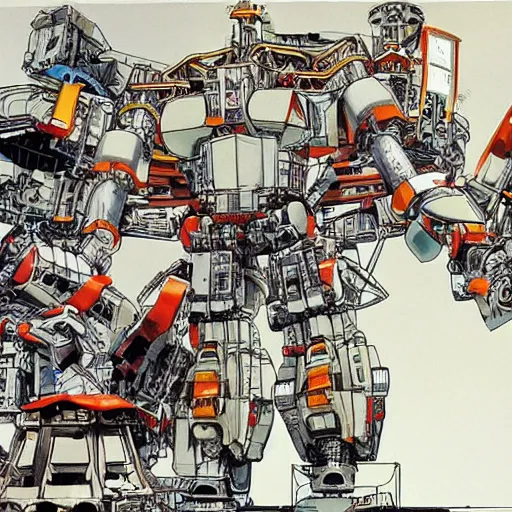 Prompt: engineers working on a giant mecha, art of Katsuhiro Otomo