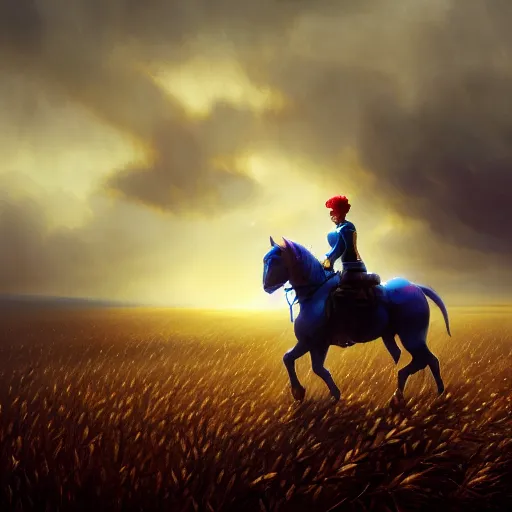 Prompt: cinematic shot epic portrait of megaman riding a mechanical horse in middle of wheat fields, sunny, cloudy, broad light, ambient occlusion, volumetric light effect, made by ivan aivazovsky, peter mohrbacher, greg rutkowski, matte painting, trending on artstation, 4 k, perfectly defined features, digital painting, cinematic, epic, highly detailed