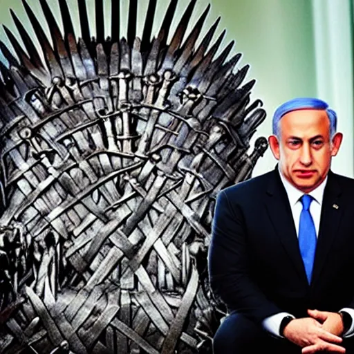 Image similar to “Benjamin Netanyahu sitting on the iron throne, 4k, award winning, realistic, scene from game of thrones”