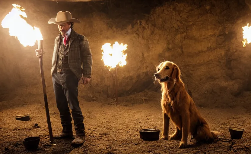 Prompt: a dirty golden retriever finding many large gold nugget piles in a dark mine and wearing a black western hat and jacket, dim moody lighting, wooden supports and wall torches and pick axes, cinematic style photograph