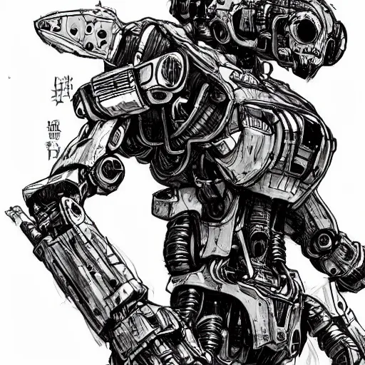 Image similar to sci - fi mecha cute zombie character concept design ， trending on artstation ， intricate ink drawing, highly detailed in the style of ashley wood, moebius and tsutomu nihei, - h 8 9 6