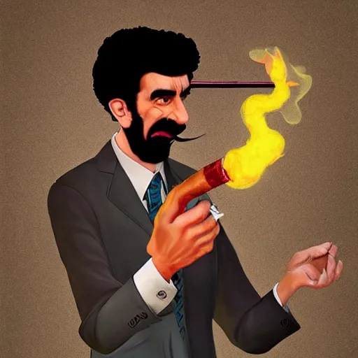 Image similar to Borat smoking a giant joint, caricature, smoke, amazing detail, digital art, artstation