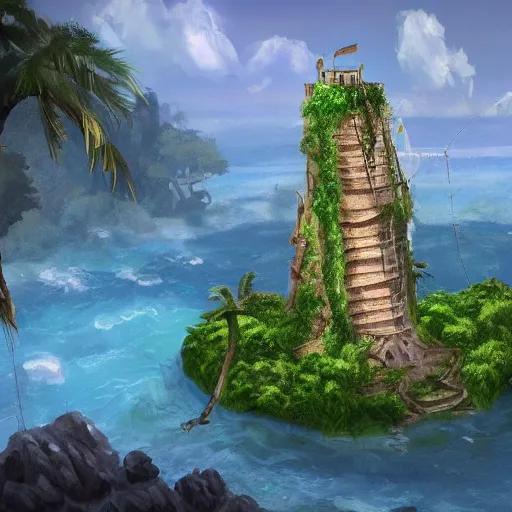 Image similar to Flying island with stone tower and a lot of jungle trees , 8k, detailed, concept art, trending on artstation