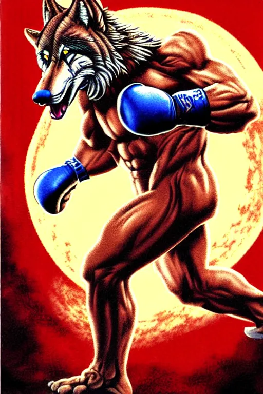Prompt: extreme long shot. 8 bit nes graphics. antropomorphic muscular masculine wolf. kickboxer fighter, ( in shorts ). wolf head. art from nes game cartridge. doom 2 0 1 6 engine