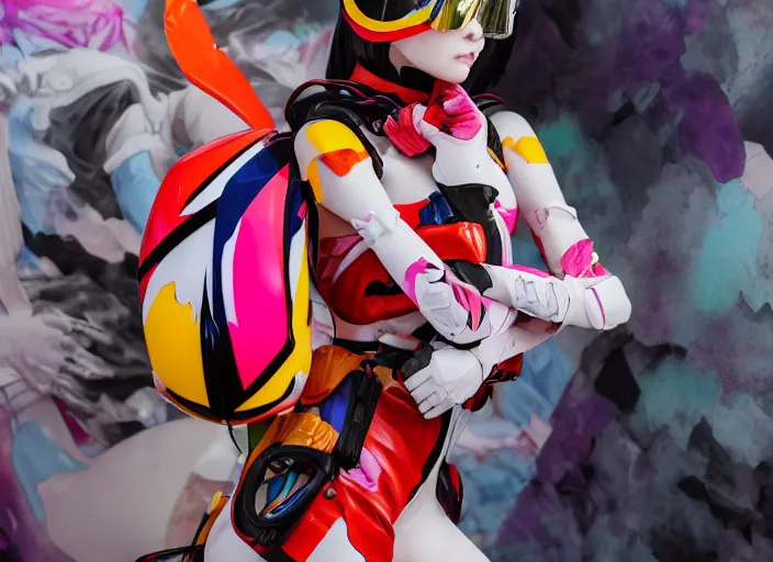 Image similar to extremely beautiful photo of a white marble statue of an anime girl with colorful motocross logos and motorcycle helmet with closed visor, colorful smoke in the background, carved marble statue, fine art, neon genesis evangelion, virgil abloh, offwhite, denoise, highly detailed, 8 k, hyperreal