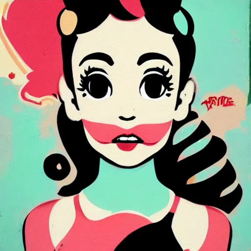 Prompt: ariana grande x betty boop painting, matte paint, street art, by sachin teng x supreme : 5 marijuana, graffiti, smoke, hard edges, green, geometric shapes, fisheye lens, sexy, by sachin teng : 6