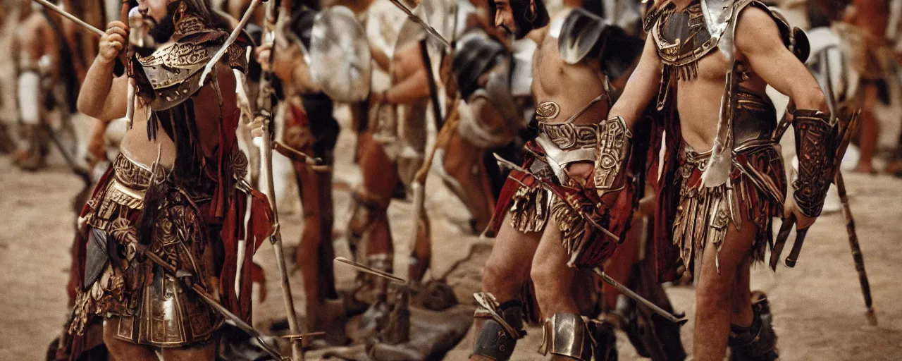 Image similar to a greek warrior with a spear, cloudy, small details, intricate, canon 5 0 mm, high detail, intricate, cinematic lighting, photography, wes anderson, film, kodachrome