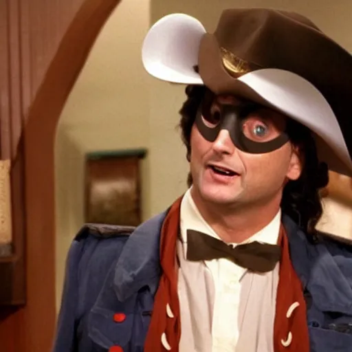 Prompt: Tim Robinson from I think You should Leave, dressed up as the Lone Ranger cowboy outfit and eye mask disguise, photo from the 1990s TV show Hot Shots Megee