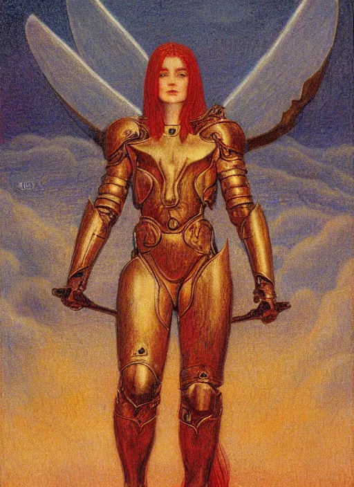 Prompt: malenia from elden ring drawn by jean delville, armor, red hair, full body portrait, icarus helmet