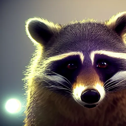 Image similar to a hyperrealistic 3 d octane render of a raccoon taking a photograph, photorealism, unreal engine, dramatic lighting, volumetric lighting, uplighting