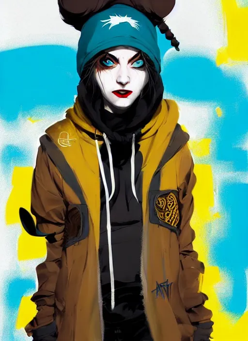 Prompt: highly detailed portrait of a sewer punk lady student, blue eyes, tartan hoody, hat, white hair by atey ghailan, by greg tocchini, by jesper ejsing, gradient yellow, black, brown and cyan color scheme, grunge aesthetic!!! ( ( graffiti tag wall ) )