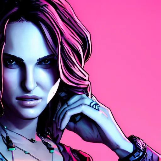 Image similar to natalie portman portrait, borderlands, tales from the borderlands, the wolf among us, comic, cinematic lighting, studio quality, 8 k