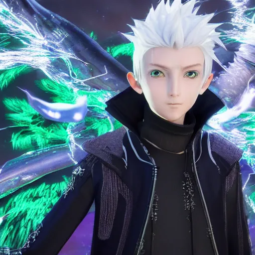 Prompt: a white haired green eyes boy casting a spell. character design. intricate. gesture drawing. line of action. official art, unreal engine 5, unreal engine. tetsuya nomura. medium shot. ray tracing hdr. 8 k. uhd. sharp focus. highly detailed. masterpiece. anime render. cinematic lighting. lifelike. symmetrical face. beautiful face