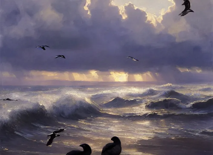 Prompt: oil painting of medieval seabirds roaming the ocean in dawn by anders zorn, wonderful art by greg rutkowski, incredible lighting, shadows, beautiful cinematic light, american romanticism by greg manchess, tall rocky mountains and storm clouds, sun rays, sunshine, bright sunny summer day, tall backlit waves, wild water, reflections