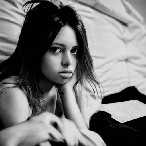 Image similar to black and white fashion photograph, highly detailed portrait of a depressed girl drug dealer lying in bed, detailed face looking into camera, eye contact, natural light, mist, lomo, fashion photography, film grain, soft vignette, sigma 85mm f/1.4 1/10 sec shutter, Darren Aronofsky film still promotional image, IMAX 70mm footage