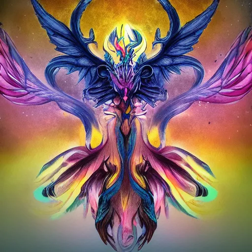 Image similar to multi color smoke with the small ( outstretched ribbed wings and head of a fairytale dragon ), billowy, 8 k, 4 k