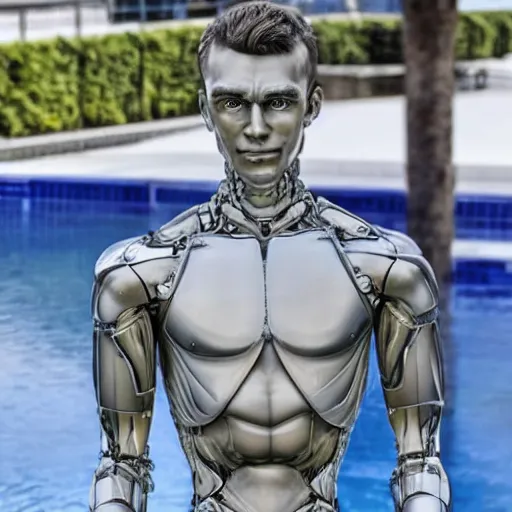 Image similar to made of ice, a realistic detailed photo of a guy who is an attractive humanoid who is half robot and half humanoid, who is a male android, on display, blank stare, showing off his muscles, shiny skin, posing like a statue, by the pool, frozen ice statue, f 1 driver pierre gasly, humanoid robot