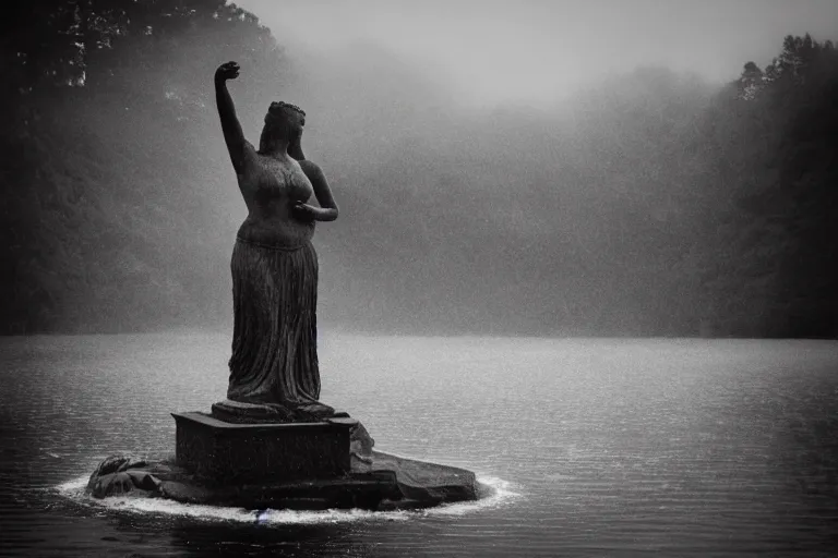 Prompt: a giant statue face of a goddess emerging from the lake, mist, lomography photo effect, monochrome, noise grain film