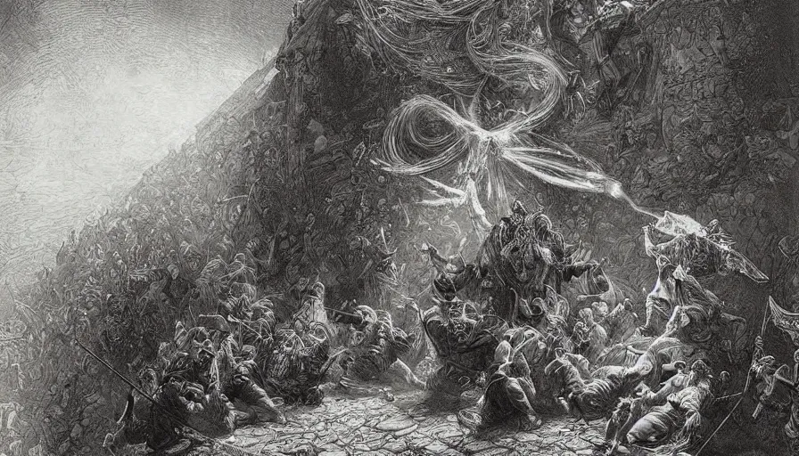 Prompt: big open book, open book page, don quixote left the book, cinematic romantic magical masterpiece by gene wolfe, highly detailed painting by gustave dore