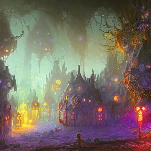 Image similar to concept art detailed painting of a dark purple fantasy fairytale fungal town made of mushrooms, with glowing blue lights, in the style of jordan grimmer and neil blevins and wayne barlowe