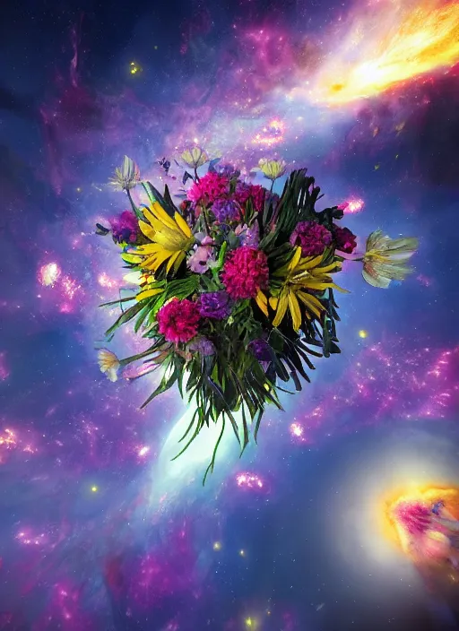 Image similar to An epic fantastic realism comic book style painting of the most beautiful flowers launched into space, bouquets, glorious nebula, nearby star, flowers blooming, fisheye lens, unreal 5, DAZ, hyperrealistic, octane render, dynamic lighting