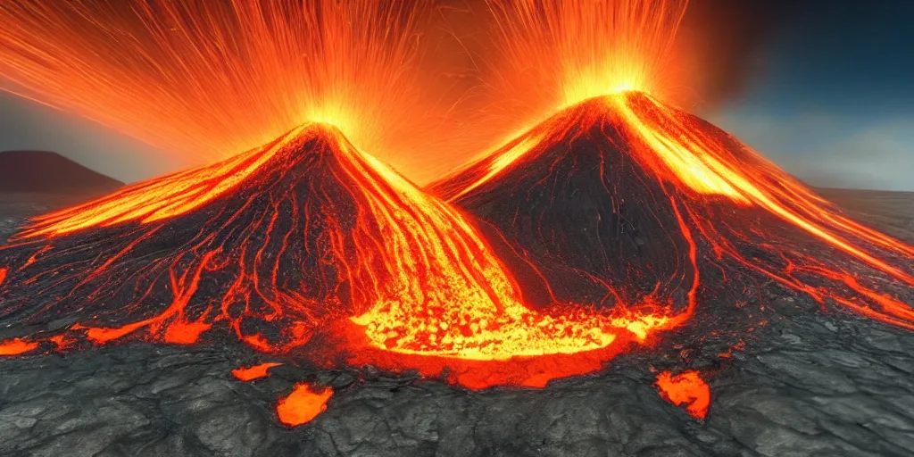 Image similar to a volcano erupting and lava sliding down to a village, wide angle, super highly detailed, professional digital painting, artstation, concept art, smooth, sharp focus, no blur, no dof, extreme illustration, Unreal Engine 5, Photorealism, HD quality, 8k resolution, cinema 4d, 3D, beautiful, cinematic, art by artgerm and greg rutkowski and alphonse mucha and loish and WLOP