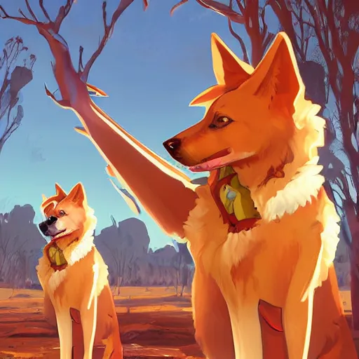 Image similar to stylized three quarters portrait concept art of the anthro anthropomorphic dingo dog head animal person fursona wearing clothes adventurer standing in australia outback, hidari, color page, tankoban, 4 k, tone mapping, akihiko yoshida, clean bright happy