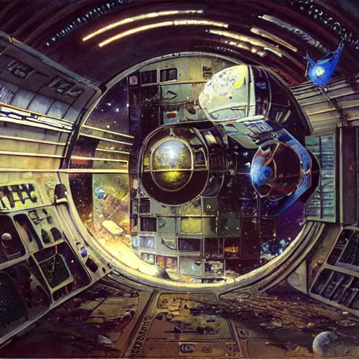 Prompt: interior of abandoned space station, peter elson, chris foss, john berkey, tony roberts, jim burns, don davis