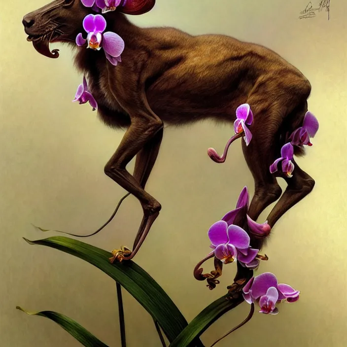 Prompt: animal made of orchid, diffuse lighting, fantasy, intricate, elegant, highly detailed, lifelike, photorealistic, digital painting, artstation, illustration, concept art, smooth, sharp focus, art by John Collier and Albert Aublet and Krenz Cushart and Artem Demura and Alphonse Mucha