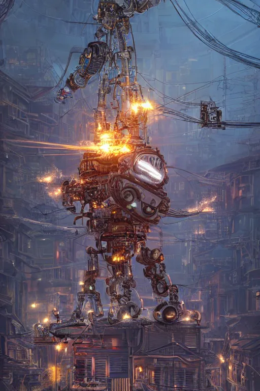 Prompt: an extremely intricately hyper detailed robot lots of cables and lights and connections, inspired by studio ghibli, highly detailed perfect render, realism. concept art. unreal engine 5, f / 1. 8, v - ray, ultra hd, 8 k, atmospheric beautiful background and beautiful lighting. iron forge background lots of sparks and fire. god rays, volumetric lighting. hyper realism.