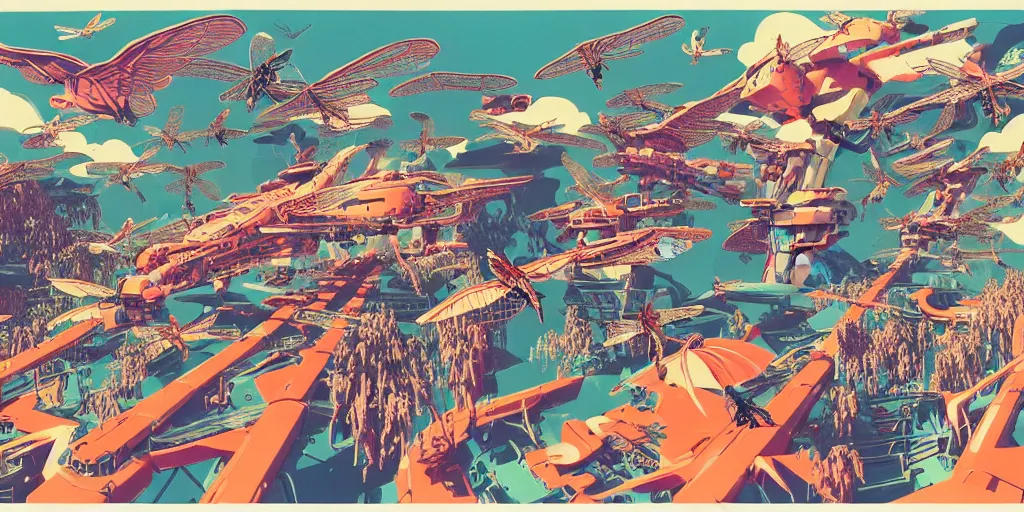 Prompt: risograph rendition, gigantic mecha arzach birds with dragonflies, tiny rats, a lot of exotic animals around, big human faces everywhere, helicopters and tremendous birds, by satoshi kon and moebius, matte colors, surreal psychedelic design, crispy, super - detailed, a lot of tiny details, fullshot