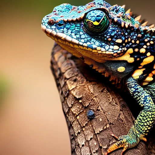 Image similar to An award winning photo of Tokay crocodile chameleon facing the camera, cute, environmental portrait, wildlife photography, National Geographic, 4k