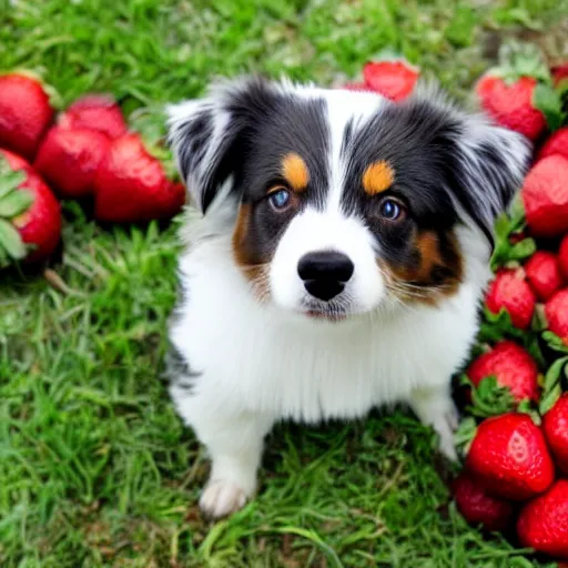 Prompt: a mini australian shepard wearing rubber boots while picking strawberries