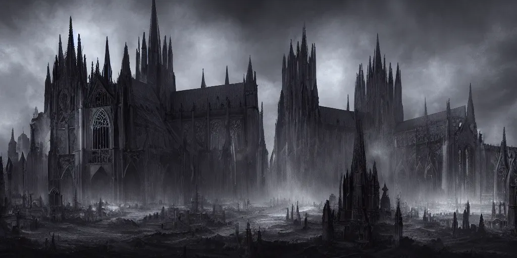 Image similar to a dark fantasy landscape with a Gothic Cathedral with a cemetary, wide angle, super highly detailed, professional digital painting, artstation, concept art, smooth, sharp focus, no blur, no dof, extreme illustration, Unreal Engine 5, Photorealism, HD quality, 8k resolution, cinema 4d, 3D, beautiful, cinematic, art by artgerm and greg rutkowski and alphonse mucha and loish and WLOP